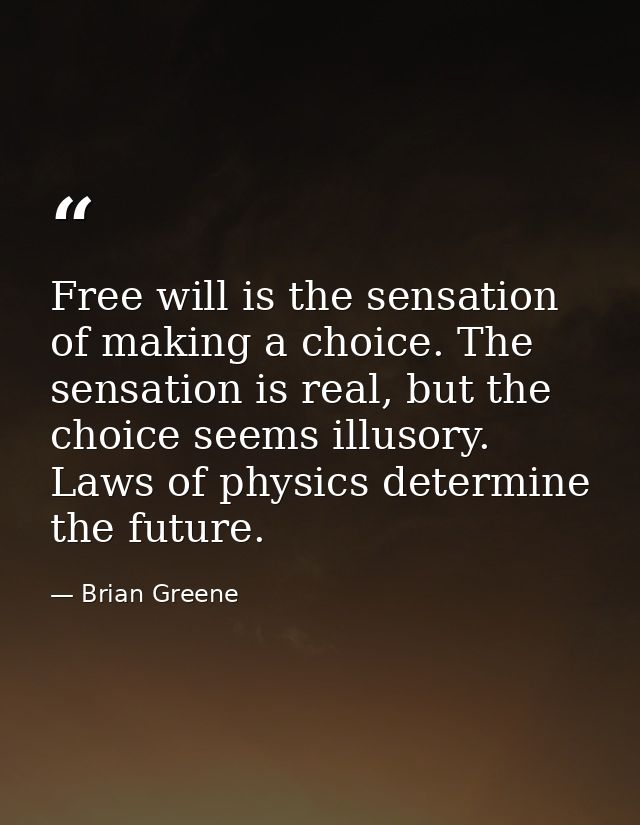 Free will is the sensation of making a choice. The sensation is real, but the choice seems illusory. Laws of physics det — Brian Greene
