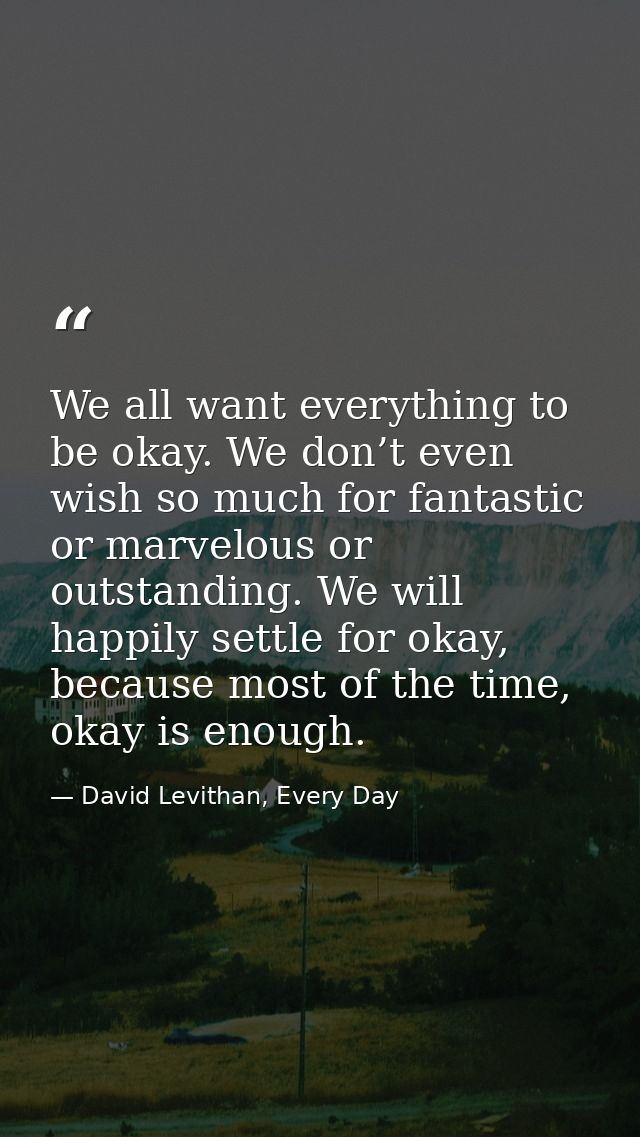 We all want everything to be okay. We don’t even wish so much for fantastic or marvelous or outstanding. We will happily — David Levithan, Every Day
