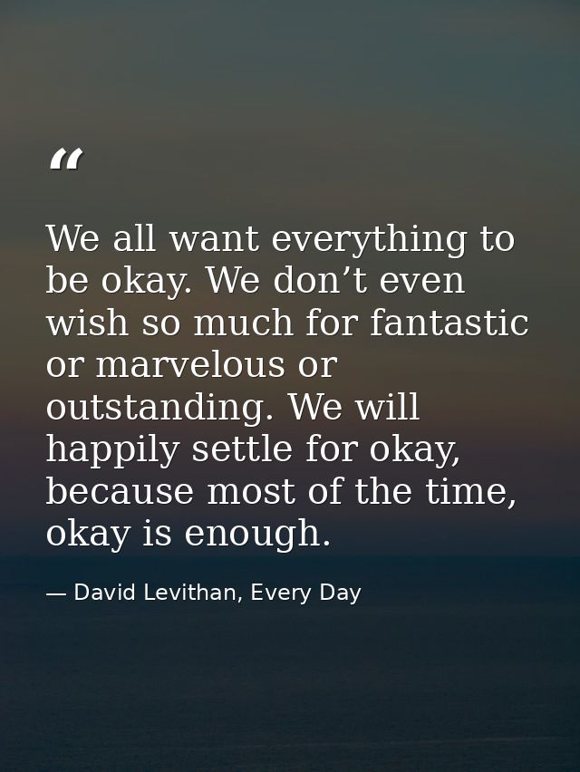 We all want everything to be okay. We don’t even wish so much for fantastic or marvelous or outstanding. We will happily — David Levithan, Every Day