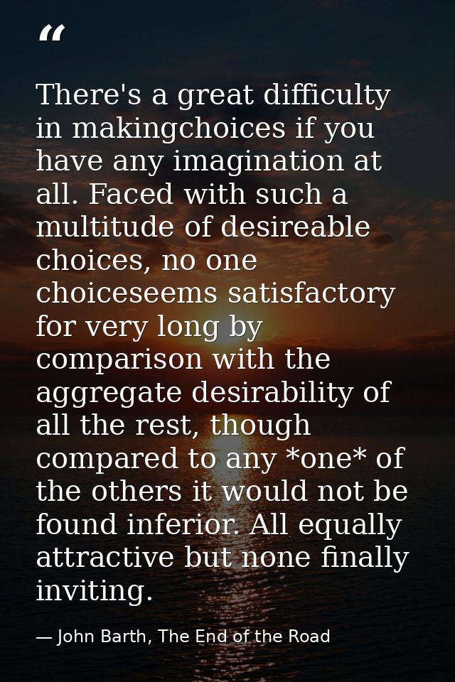 There's a great difficulty in makingchoices if you have any imagination at all. Faced with such a multitude of desireabl — John Barth, The End of the Road