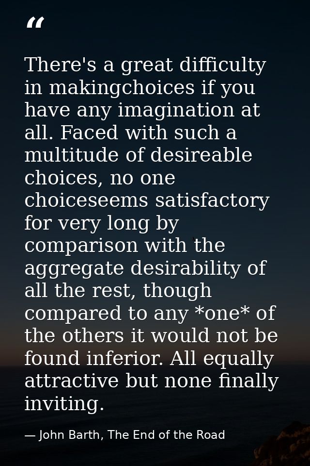 There's a great difficulty in makingchoices if you have any imagination at all. Faced with such a multitude of desireabl — John Barth, The End of the Road