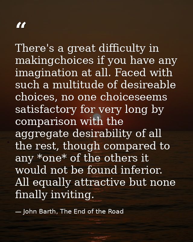 There's a great difficulty in makingchoices if you have any imagination at all. Faced with such a multitude of desireabl — John Barth, The End of the Road
