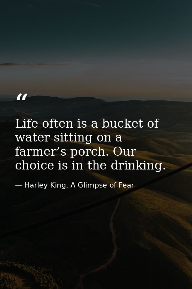 Life often is a bucket of water sitting on a farmer’s porch. Our choice is in the drinking. — Harley King, A Glimpse of Fear
