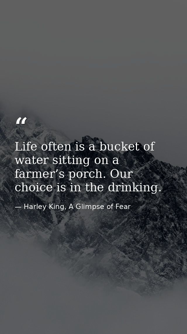 Life often is a bucket of water sitting on a farmer’s porch. Our choice is in the drinking. — Harley King, A Glimpse of Fear