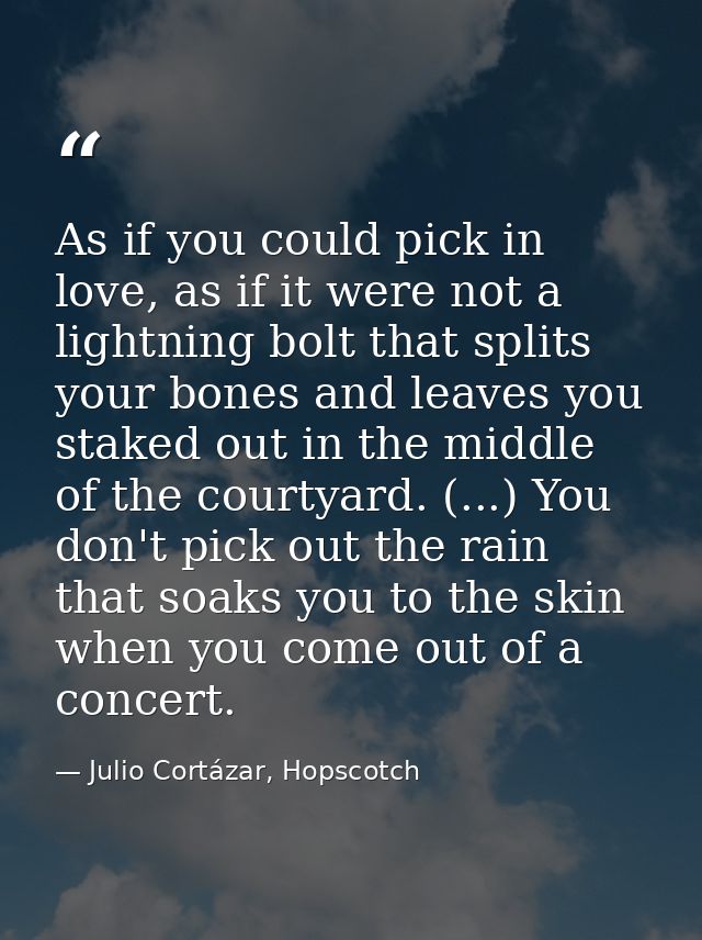 As if you could pick in love, as if it were not a lightning bolt that splits your bones and leaves you staked out in the — Julio Cortázar, Hopscotch