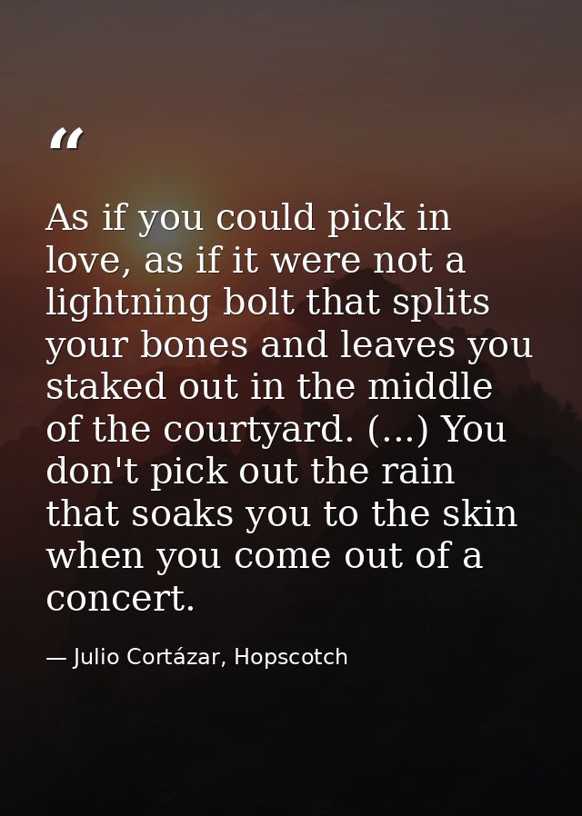 As if you could pick in love, as if it were not a lightning bolt that splits your bones and leaves you staked out in the — Julio Cortázar, Hopscotch