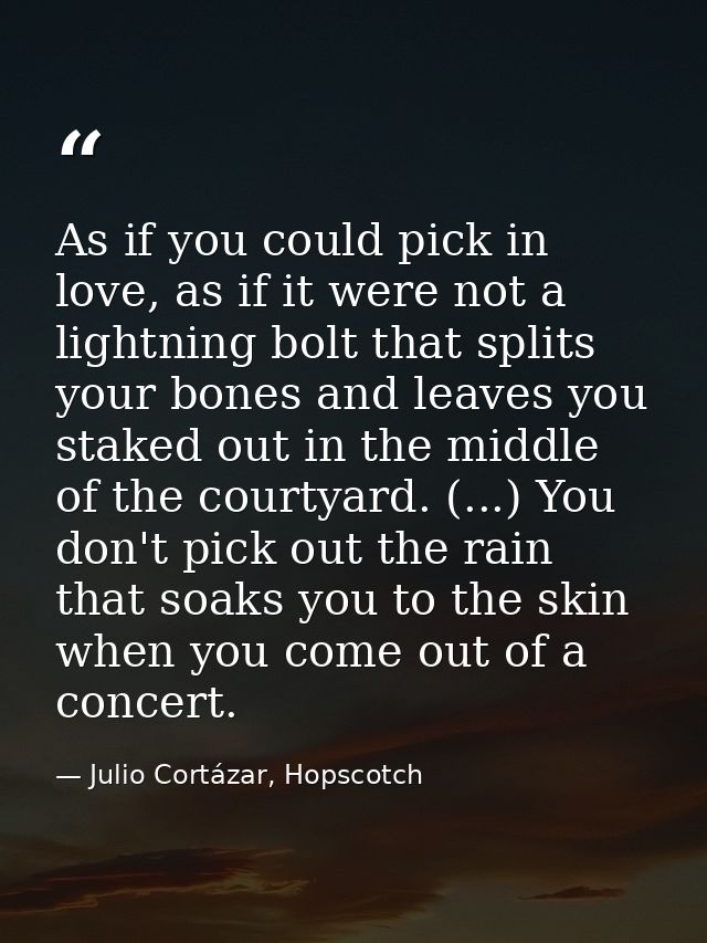 As if you could pick in love, as if it were not a lightning bolt that splits your bones and leaves you staked out in the — Julio Cortázar, Hopscotch