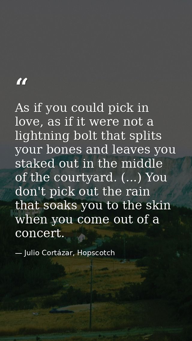 As if you could pick in love, as if it were not a lightning bolt that splits your bones and leaves you staked out in the — Julio Cortázar, Hopscotch
