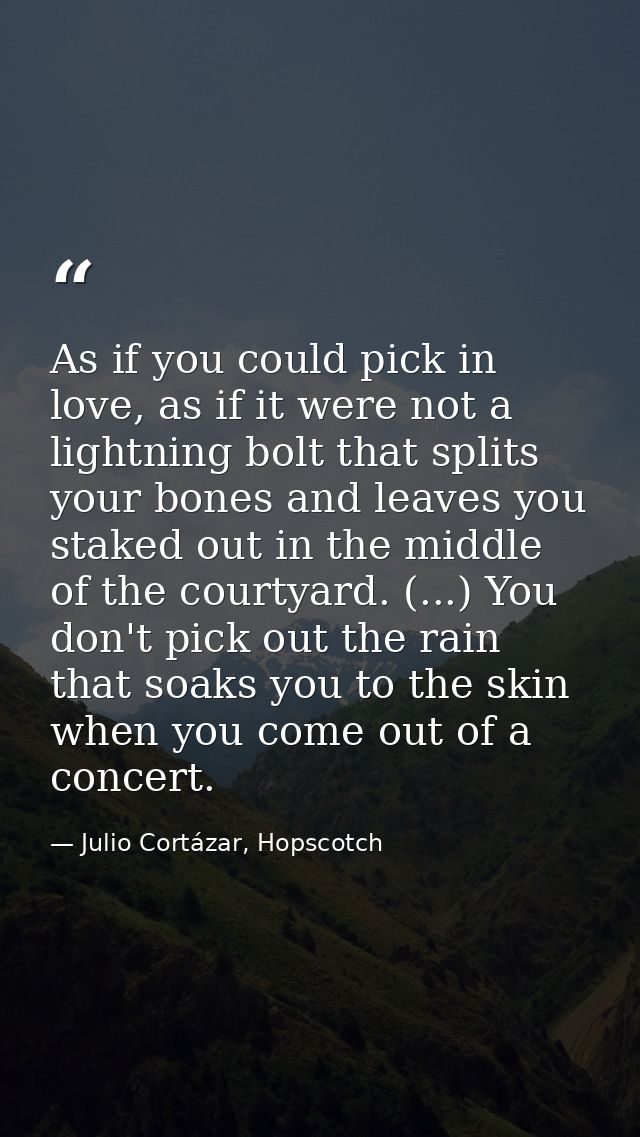 As if you could pick in love, as if it were not a lightning bolt that splits your bones and leaves you staked out in the — Julio Cortázar, Hopscotch