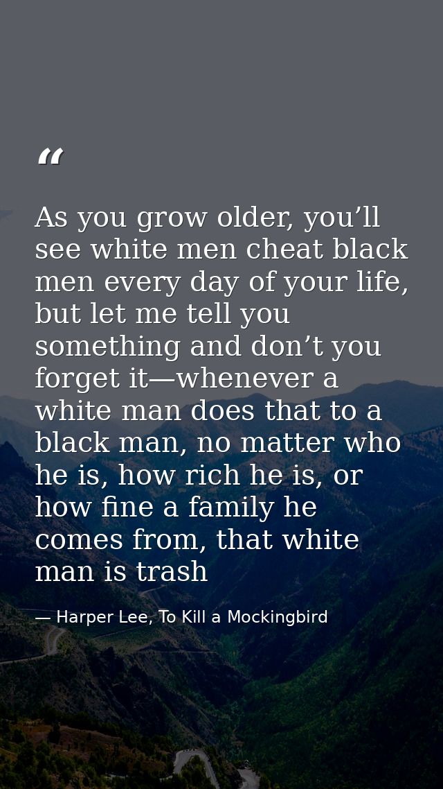 As you grow older, you’ll see white men cheat black men every day of your life, but let me tell you something and don’t  — Harper Lee, To Kill a Mockingbird