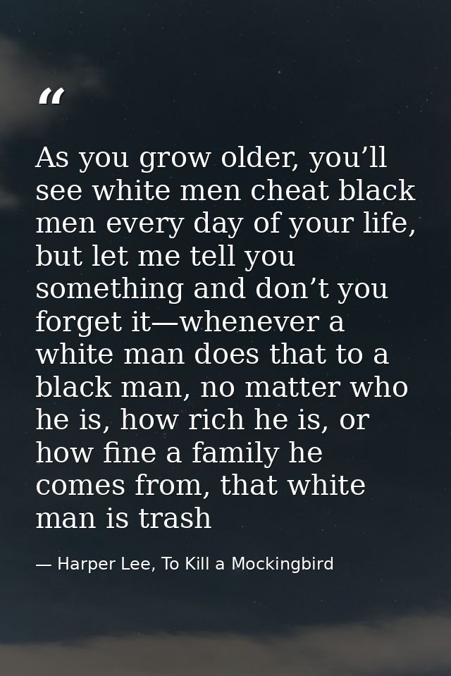 As you grow older, you’ll see white men cheat black men every day of your life, but let me tell you something and don’t  — Harper Lee, To Kill a Mockingbird