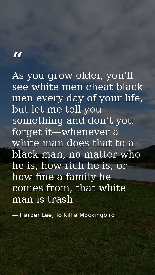As you grow older, you’ll see white men cheat black men every day of your life, but let me tell you something and don’t  — Harper Lee, To Kill a Mockingbird