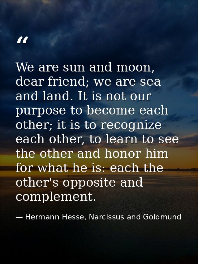 We are sun and moon, dear friend; we are sea and land. It is not our purpose to become each other; it is to recognize ea — Hermann Hesse, Narcissus and Goldmund