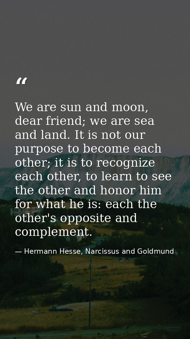 We are sun and moon, dear friend; we are sea and land. It is not our purpose to become each other; it is to recognize ea — Hermann Hesse, Narcissus and Goldmund