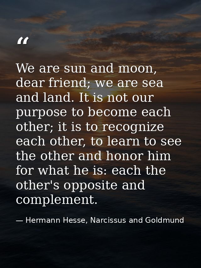 We are sun and moon, dear friend; we are sea and land. It is not our purpose to become each other; it is to recognize ea — Hermann Hesse, Narcissus and Goldmund
