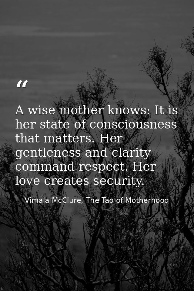 A wise mother knows: It is her state of consciousness that matters. Her gentleness and clarity command respect. Her love — Vimala McClure, The Tao of Motherhood