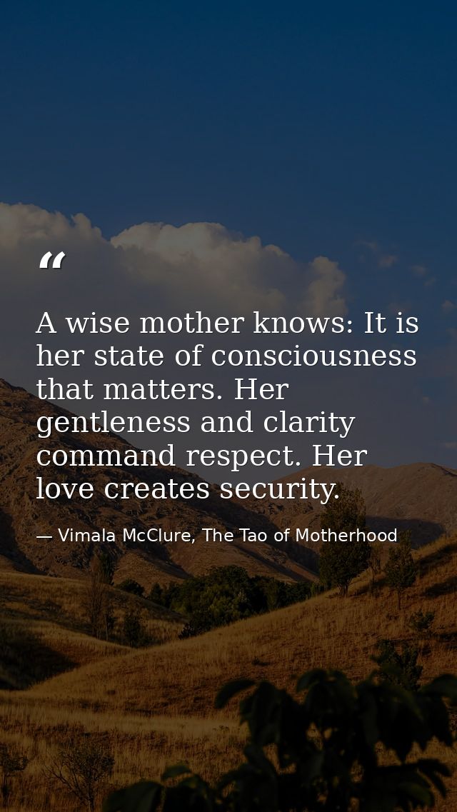 A wise mother knows: It is her state of consciousness that matters. Her gentleness and clarity command respect. Her love — Vimala McClure, The Tao of Motherhood