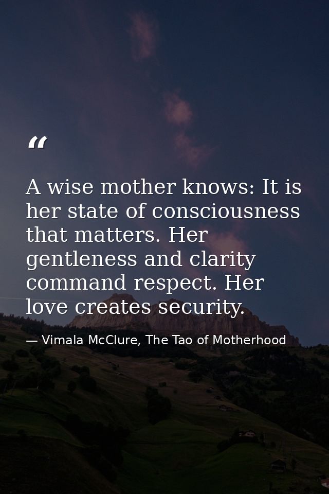 A wise mother knows: It is her state of consciousness that matters. Her gentleness and clarity command respect. Her love — Vimala McClure, The Tao of Motherhood