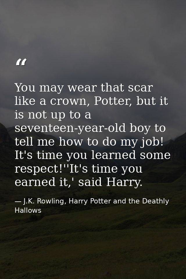 You may wear that scar like a crown, Potter, but it is not up to a seventeen-year-old boy to tell me how to do my job! I — J.K. Rowling, Harry Potter and the Deathly Hallows