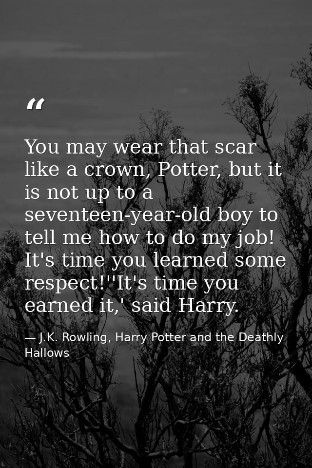 You may wear that scar like a crown, Potter, but it is not up to a seventeen-year-old boy to tell me how to do my job! I — J.K. Rowling, Harry Potter and the Deathly Hallows