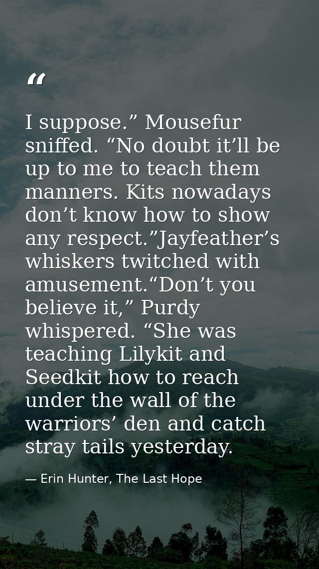 I suppose.” Mousefur sniffed. “No doubt it’ll be up to me to teach them manners. Kits nowadays don’t know how to show an — Erin Hunter, The Last Hope