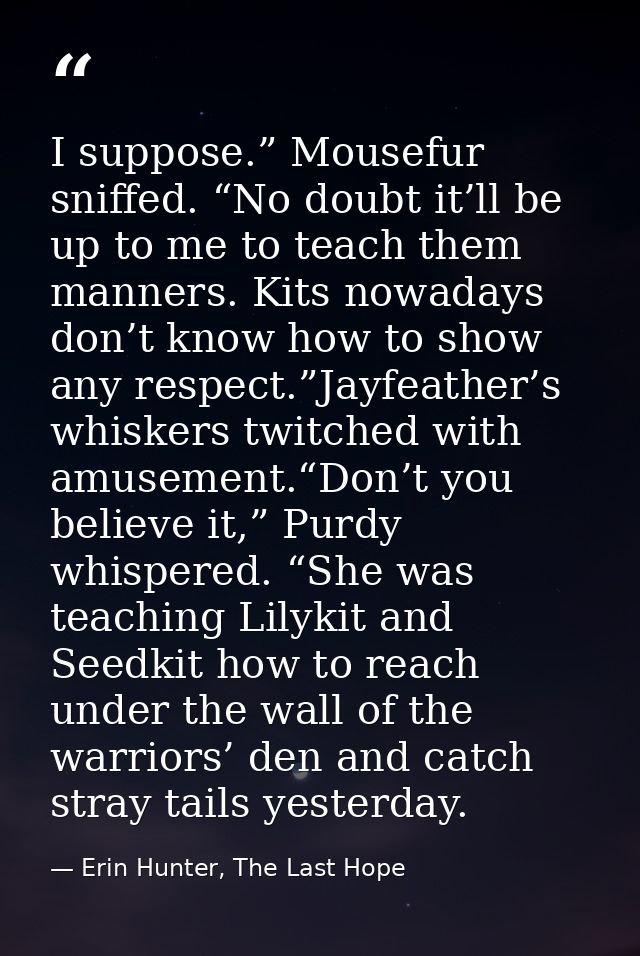 I suppose.” Mousefur sniffed. “No doubt it’ll be up to me to teach them manners. Kits nowadays don’t know how to show an — Erin Hunter, The Last Hope