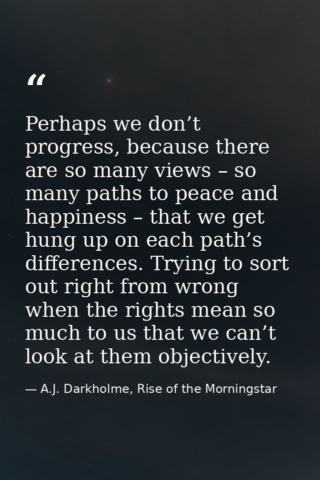 Perhaps we don’t progress, because there are so many views – so many paths to peace and happiness – that we get hung up  — A.J. Darkholme, Rise of the Morningstar