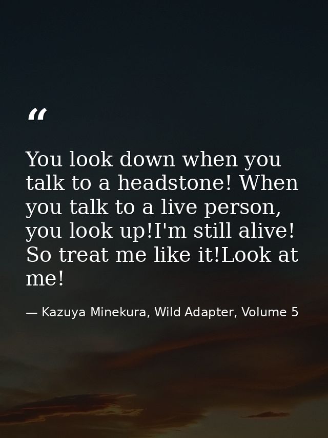 You look down when you talk to a headstone! When you talk to a live person, you look up!I'm still alive! So treat me lik — Kazuya Minekura, Wild Adapter, Volume 5