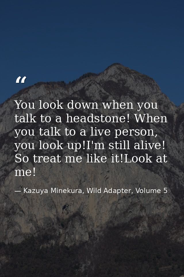 You look down when you talk to a headstone! When you talk to a live person, you look up!I'm still alive! So treat me lik — Kazuya Minekura, Wild Adapter, Volume 5