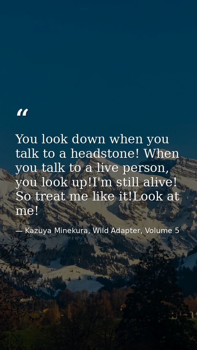 You look down when you talk to a headstone! When you talk to a live person, you look up!I'm still alive! So treat me lik — Kazuya Minekura, Wild Adapter, Volume 5