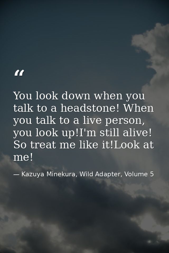 You look down when you talk to a headstone! When you talk to a live person, you look up!I'm still alive! So treat me lik — Kazuya Minekura, Wild Adapter, Volume 5