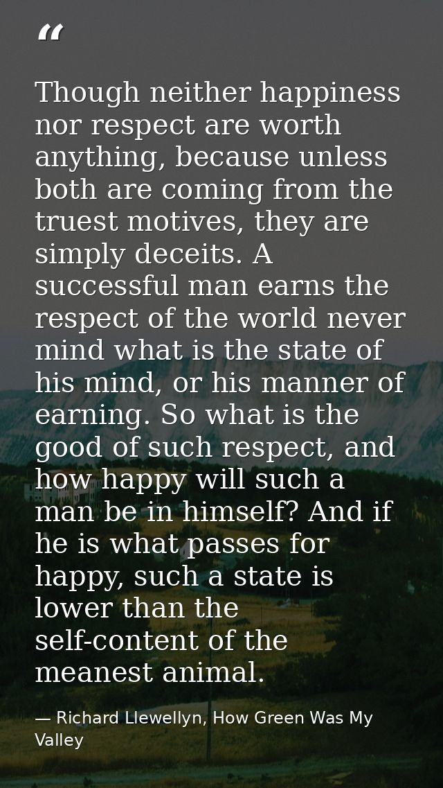 Though neither happiness nor respect are worth anything, because unless both are coming from the truest motives, they ar — Richard Llewellyn, How Green Was My Valley