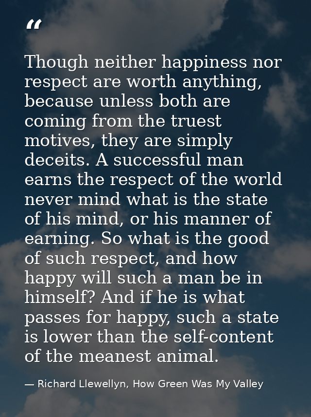 Though neither happiness nor respect are worth anything, because unless both are coming from the truest motives, they ar — Richard Llewellyn, How Green Was My Valley