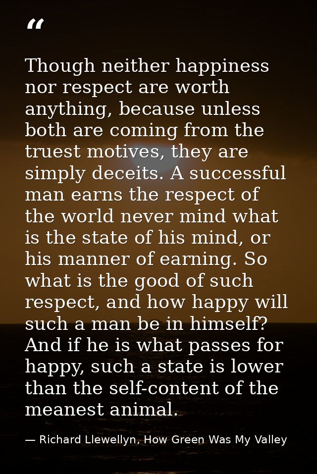 Though neither happiness nor respect are worth anything, because unless both are coming from the truest motives, they ar — Richard Llewellyn, How Green Was My Valley