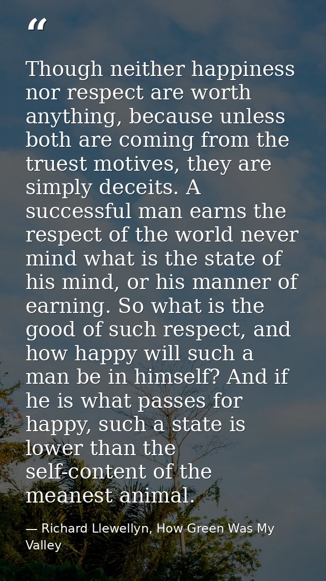 Though neither happiness nor respect are worth anything, because unless both are coming from the truest motives, they ar — Richard Llewellyn, How Green Was My Valley