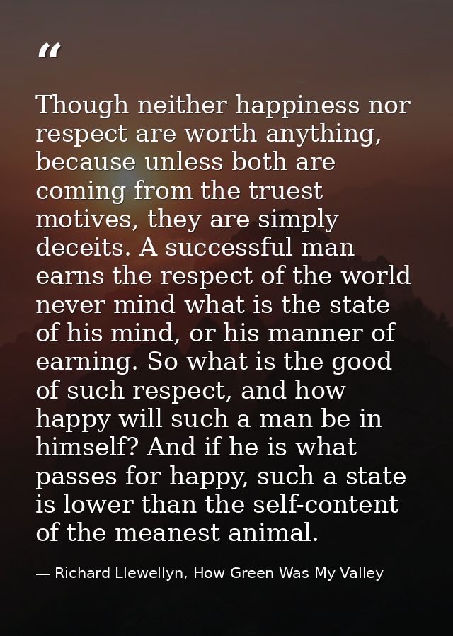 Though neither happiness nor respect are worth anything, because unless both are coming from the truest motives, they ar — Richard Llewellyn, How Green Was My Valley