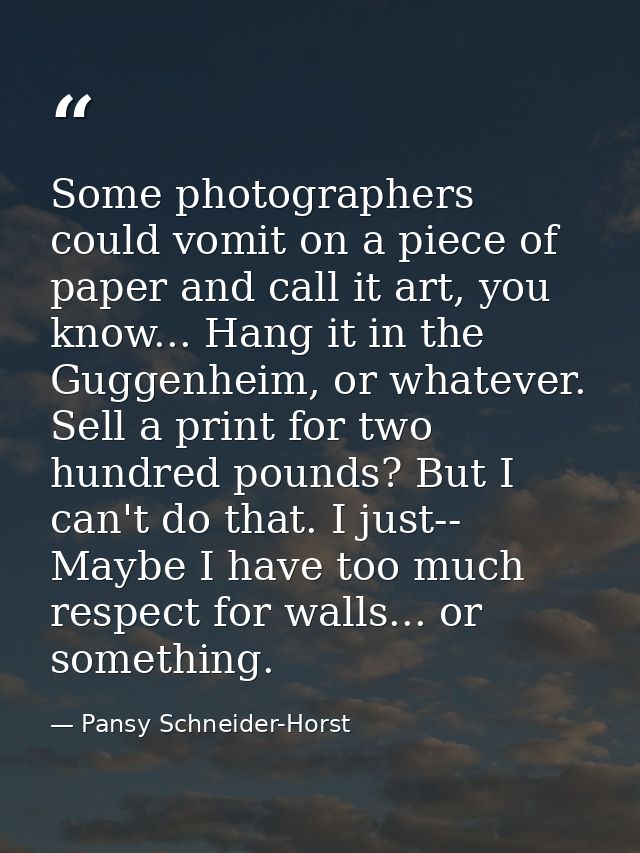 Some photographers could vomit on a piece of paper and call it art, you know... Hang it in the Guggenheim, or whatever.  — Pansy Schneider-Horst