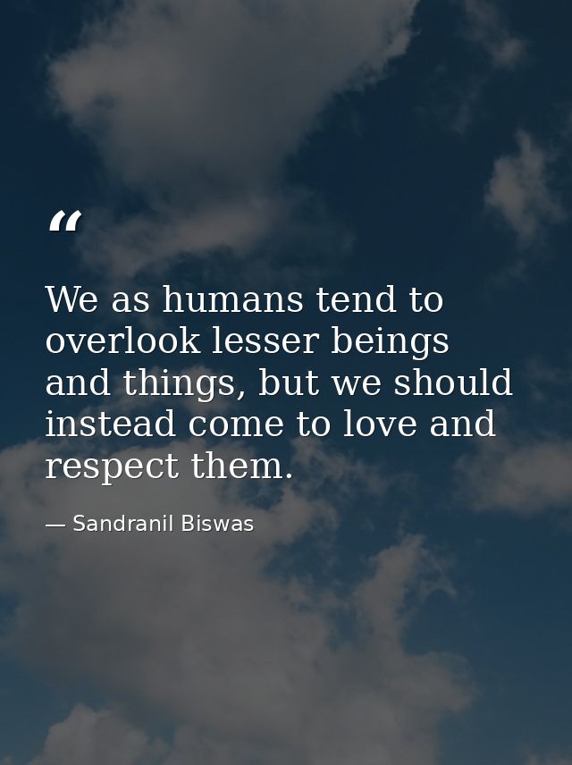 We as humans tend to overlook lesser beings and things, but we should instead come to love and respect them. — Sandranil Biswas