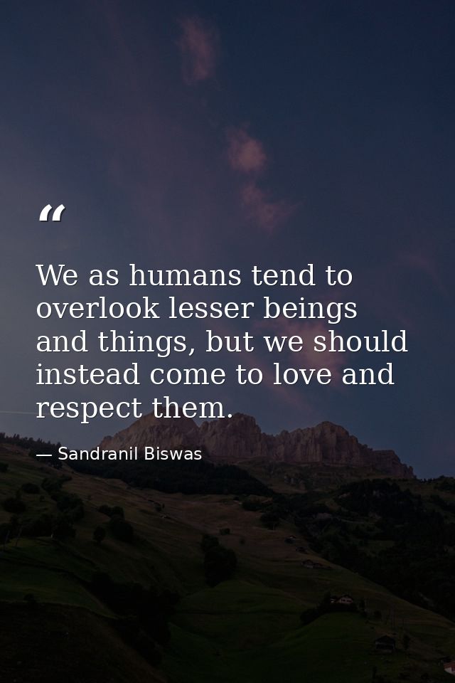 We as humans tend to overlook lesser beings and things, but we should instead come to love and respect them. — Sandranil Biswas