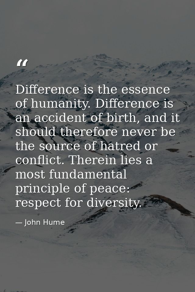 Difference is the essence of humanity. Difference is an accident of birth, and it should therefore never be the source o — John Hume