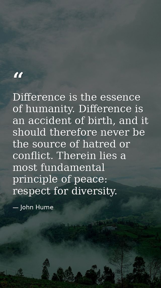 Difference is the essence of humanity. Difference is an accident of birth, and it should therefore never be the source o — John Hume