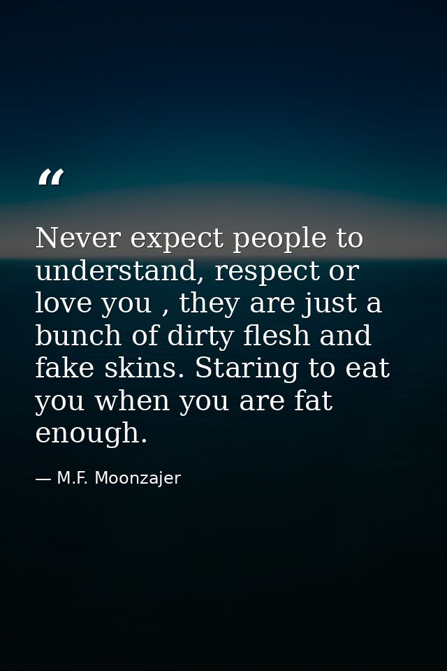 Never expect people to understand, respect or love you , they are just a bunch of dirty flesh and fake skins. Staring to — M.F. Moonzajer