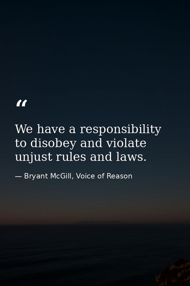 We have a responsibility to disobey and violate unjust rules and laws. — Bryant McGill, Voice of Reason