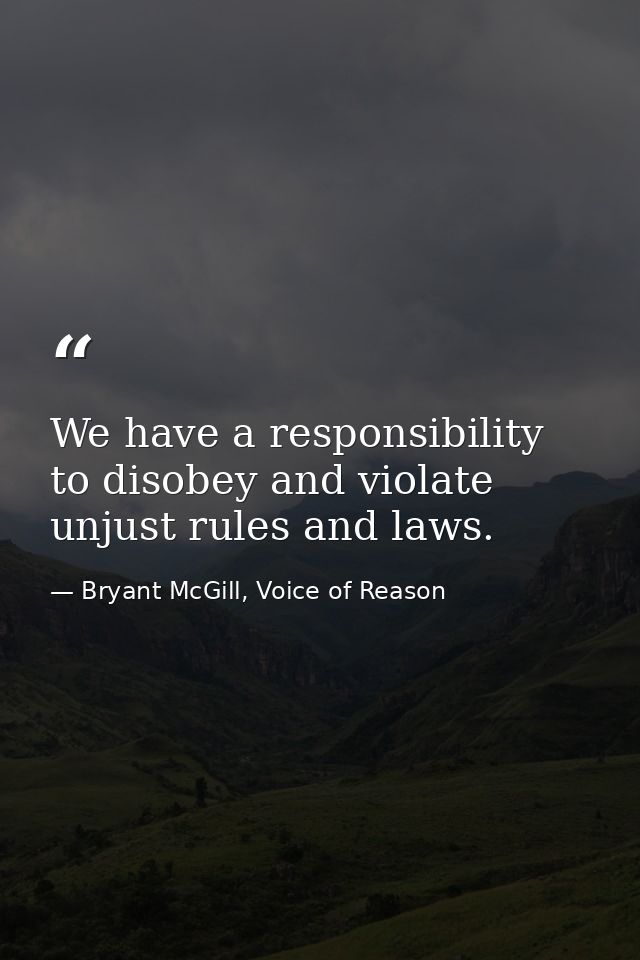 We have a responsibility to disobey and violate unjust rules and laws. — Bryant McGill, Voice of Reason