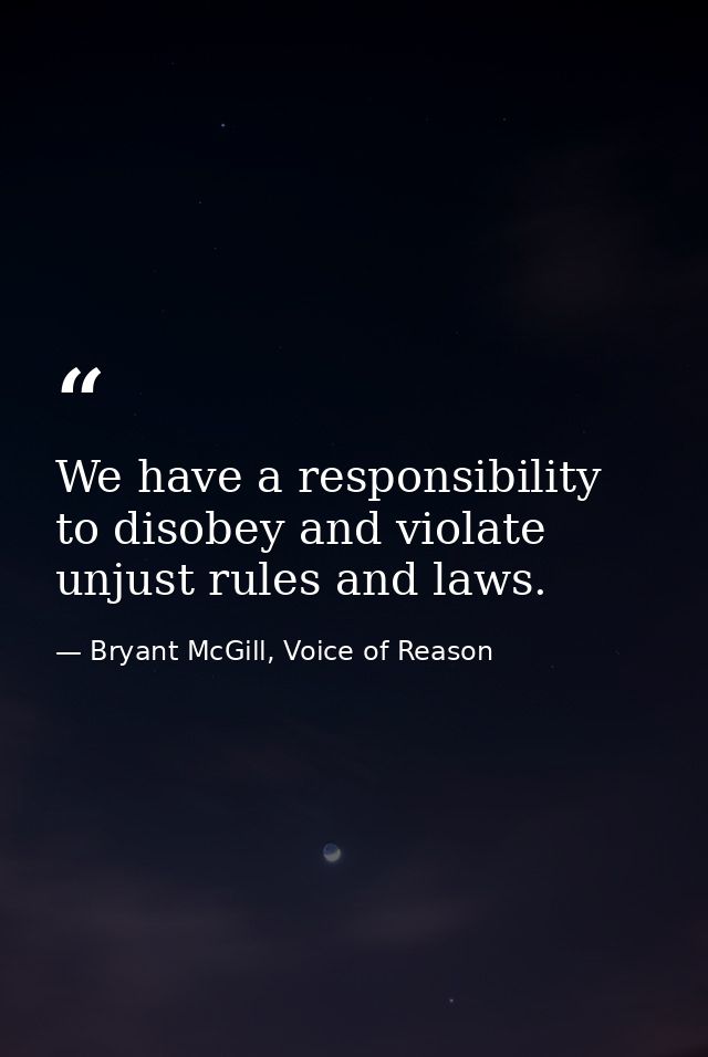 We have a responsibility to disobey and violate unjust rules and laws. — Bryant McGill, Voice of Reason