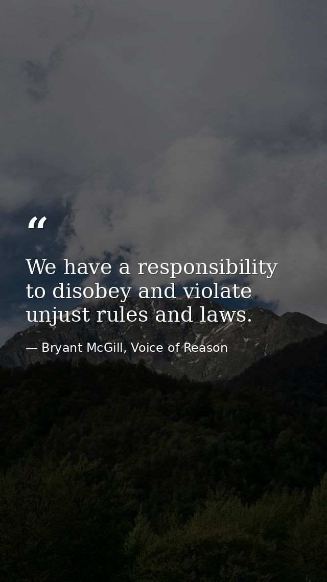We have a responsibility to disobey and violate unjust rules and laws. — Bryant McGill, Voice of Reason