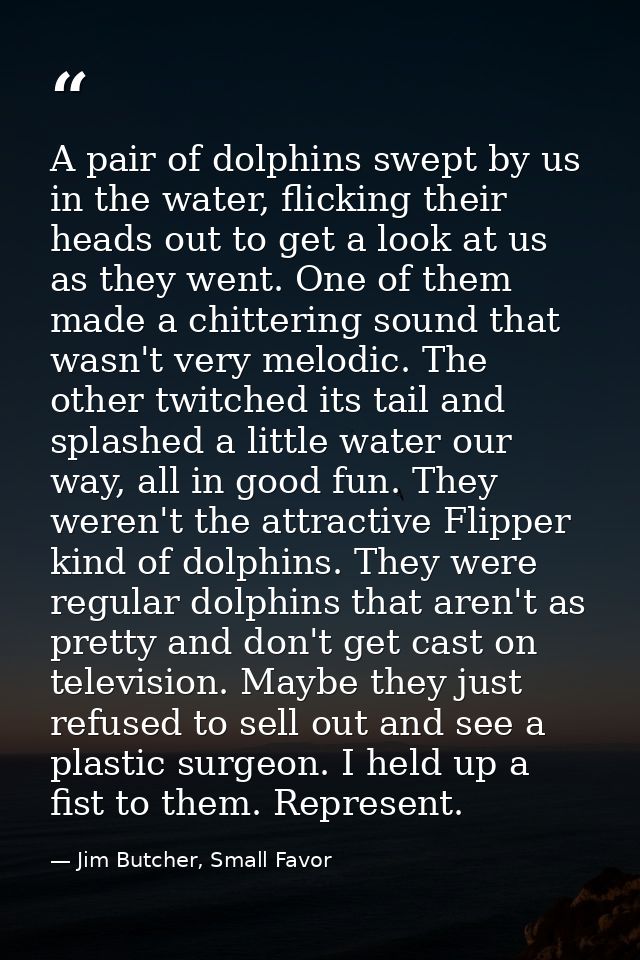 A pair of dolphins swept by us in the water, flicking their heads out to get a look at us as they went. One of them made — Jim Butcher, Small Favor
