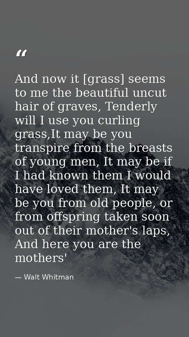 And now it [grass] seems to me the beautiful uncut hair of graves, Tenderly will I use you curling grass,It may be you t — Walt Whitman