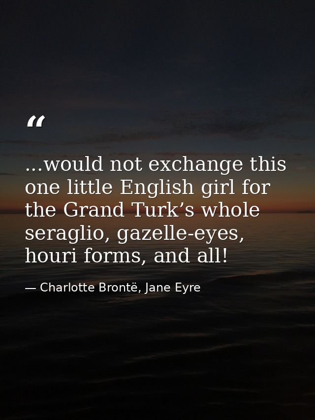 ...would not exchange this one little English girl for the Grand Turk’s whole seraglio, gazelle-eyes, houri forms, and a — Charlotte Brontë, Jane Eyre