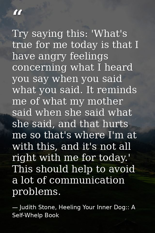 Try saying this: 'What's true for me today is that I have angry feelings concerning what I heard you say when you said w — Judith Stone, Heeling Your Inner Dog:: A Self-Whelp Book